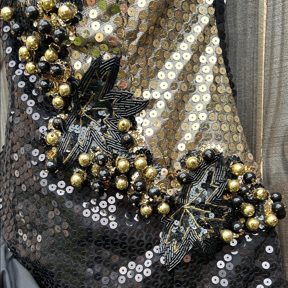 Vintage 1991 Alyce Designs Black and Gold Sequin Prom Dress with Ruffles - Picture 6 of 16